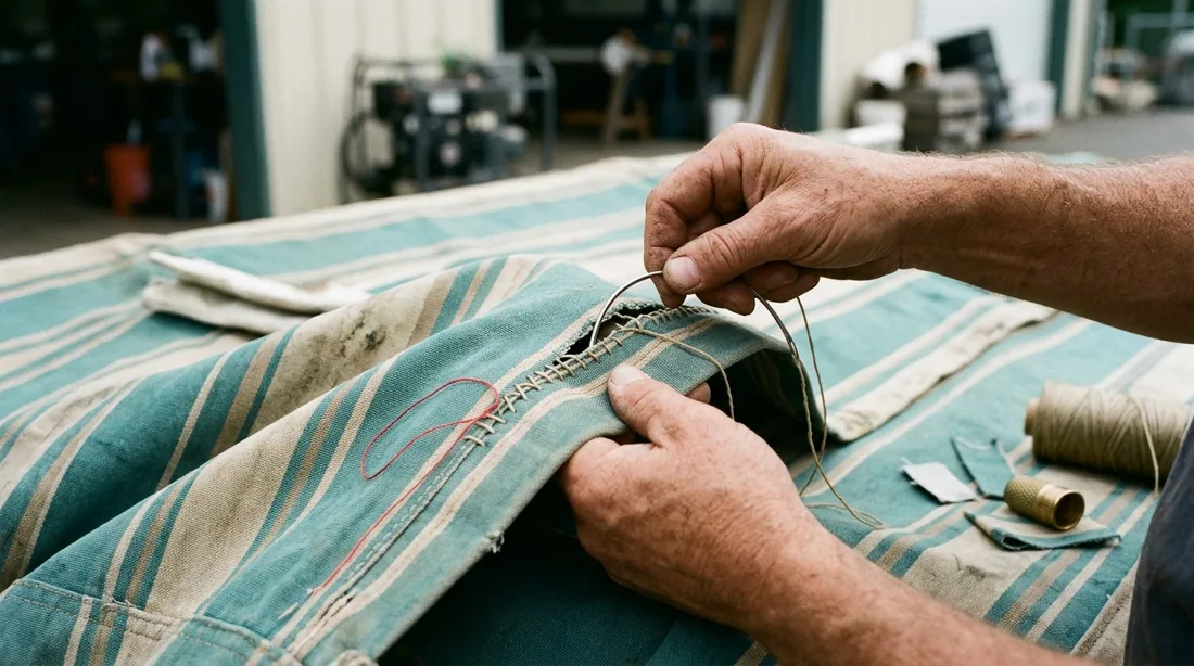 Patching tears, resewing blown seams, and relacing fabric to the frame — Baton Rouge, LA
