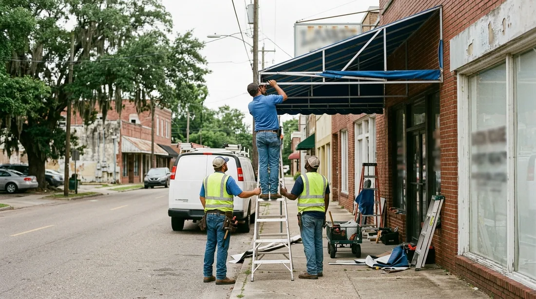 A small professional crew working on a awning repair job at a property, seen from behind and at a — Baton Rouge, LA